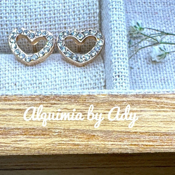 Dainty gold steel hearts stud earrings /cubic zirconia pave jewelry - Picture 1 of 5